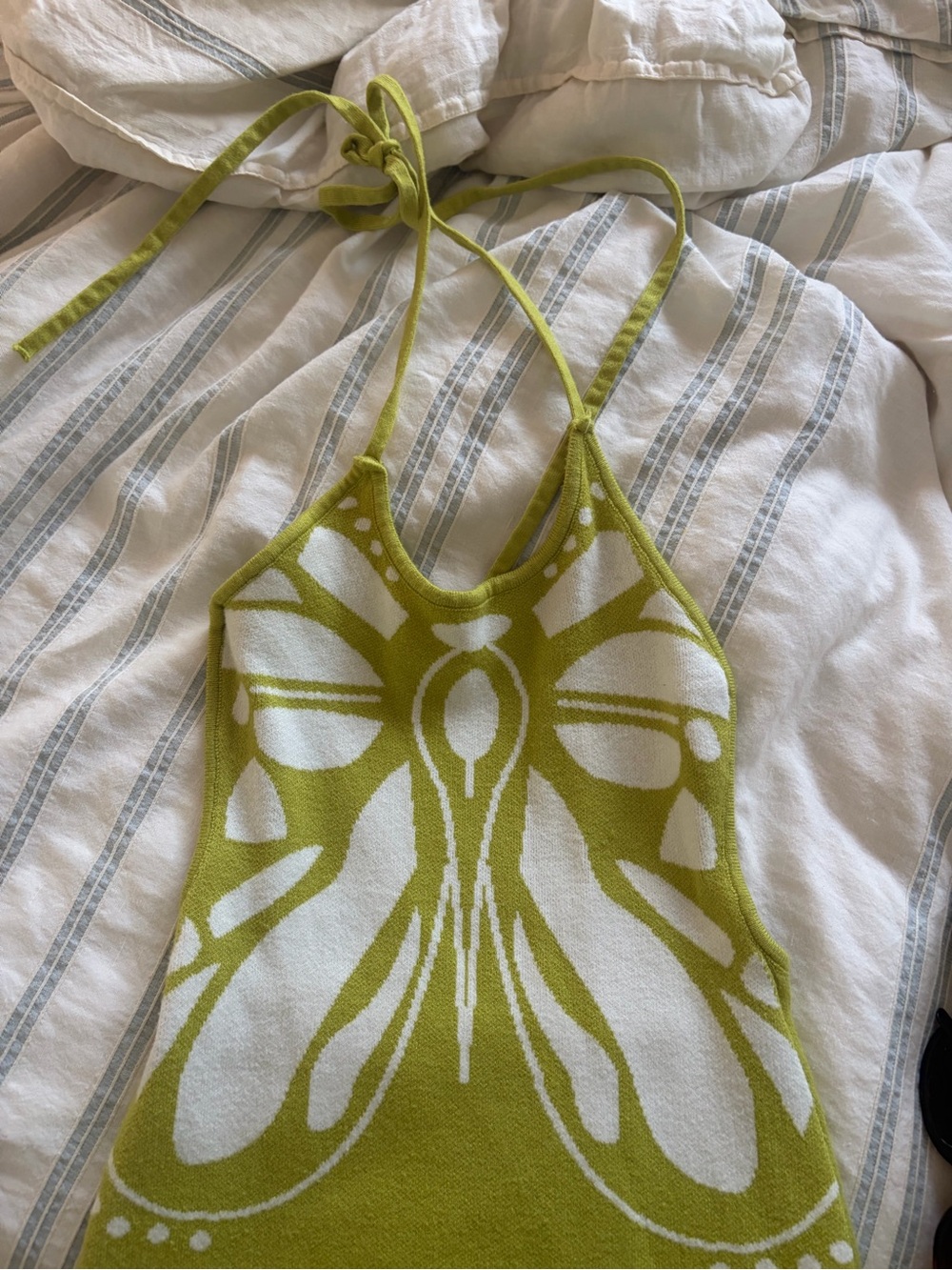 Green and White Butterfly Halter Knit Dress